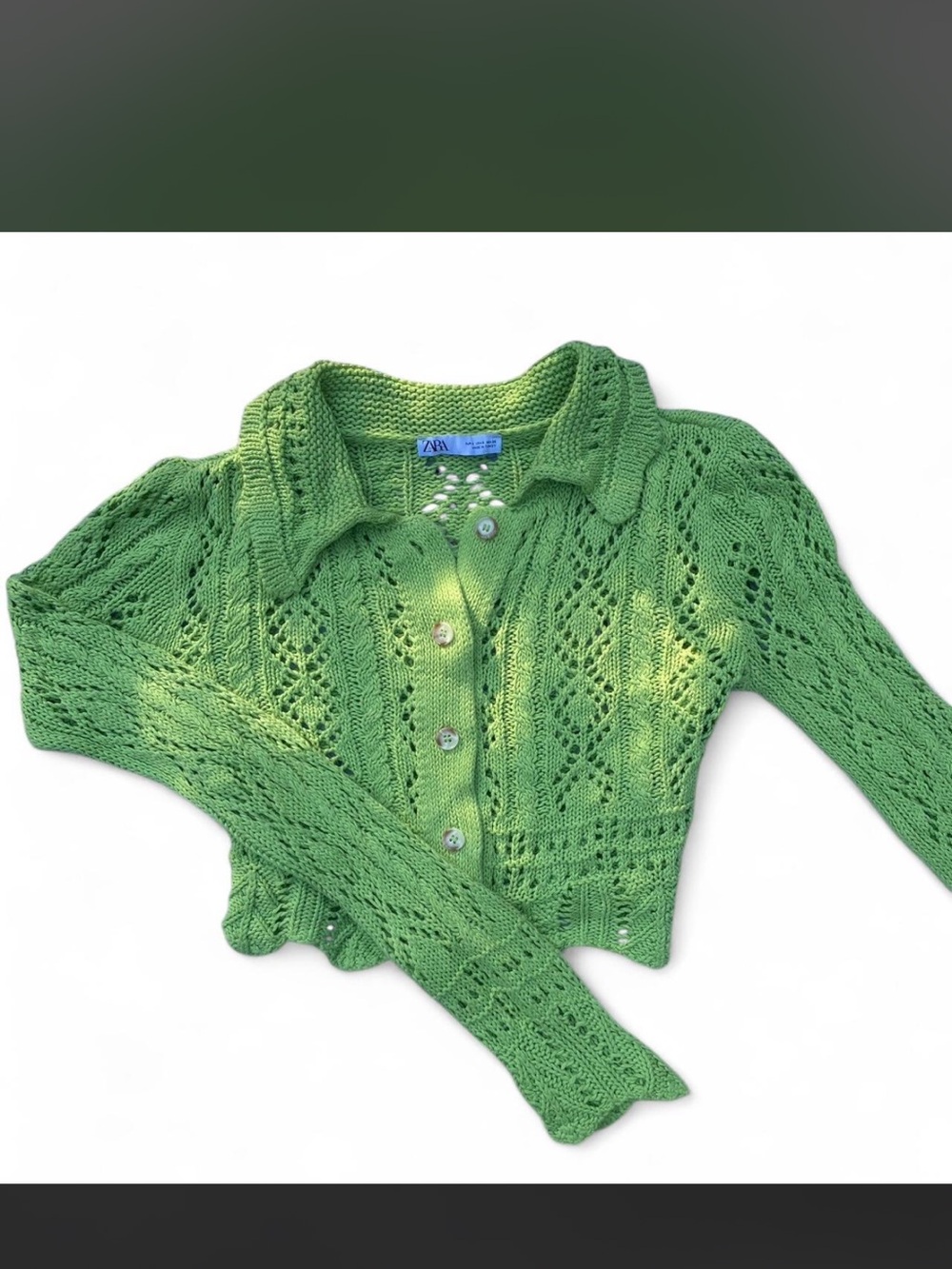 ZARA Bright Green Open-Knit Collared Cardigan